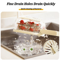 2-In-1 Fruit Drain Basket Vegetable Washing Basket with Foldable Handle Refrigerator Crisper Storage Bowl for Home Kitchen