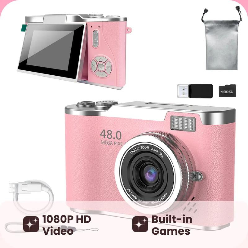 Foldable Screen Student Camera, 1 Count Retro CCD Card Machine, Entry-Level Digital Camera, 1080P High Built-In Games & Filter Functions Camera, Mini